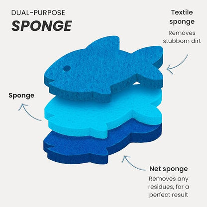 Vigar Pets Scrubber Sponge Set for Pet Bowls - Set of 4 Fish-Shaped Non-Scratch Dish Sponge for Dog & Cat Feeding Bowls, Double-Sided Reusable Scrub Sponges for Cleaning Dishes & Pet Plates - Blue