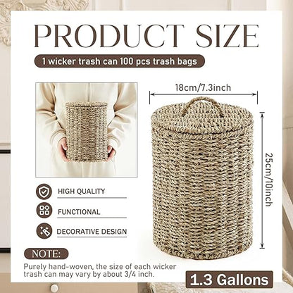 Ctosree 1.3 Gallons Small Trash Can with Lid Handle Boho Woven Braided Bathroom Waste Basket Trash Can with 100 Garbage Bags for Bedroom Office Laundry(Primary Color,Braided Straw Rope,Round)
