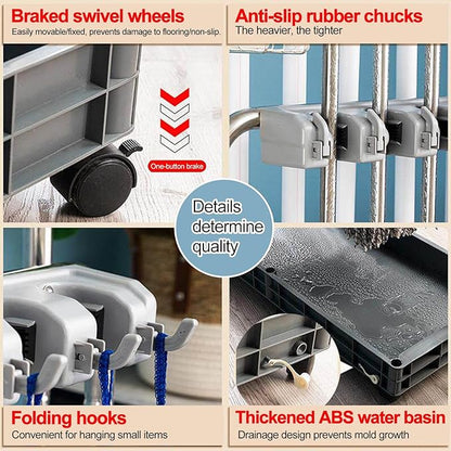 SARKEY Mobile Broom Mop Holder,Broom Mop Holder Cleaning Supplies Organizer,Freestanding Housekeeping Storage With Hanging Hooks Drip Tray,For Garden,Utility Rooms(65x50x175cm(25x20x69in))