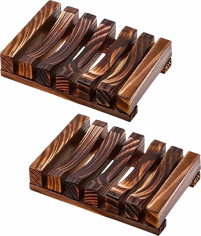 2 Pcs Wooden Soap Dish Holder, Soap Tray for Shower & Bathroom, Zero Waste, Plastic Free, Keep Soap Bars Dry Clean & Easy Cleaning, Self Draining Soap Dish