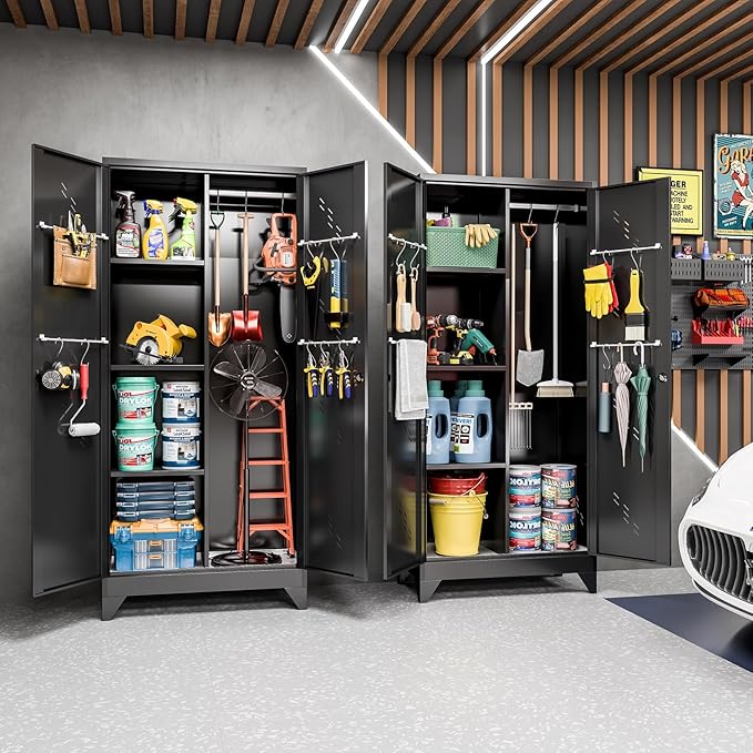 Metal Garage Storage Cabinet, Kitchen Pantry Cabinet, Broom Closet Storage Cabinet with Lock, Modern Steel File Cabinets, Broom and Mop Organizer Cabinets for Laundry Room, Home Office, Gym, Shop