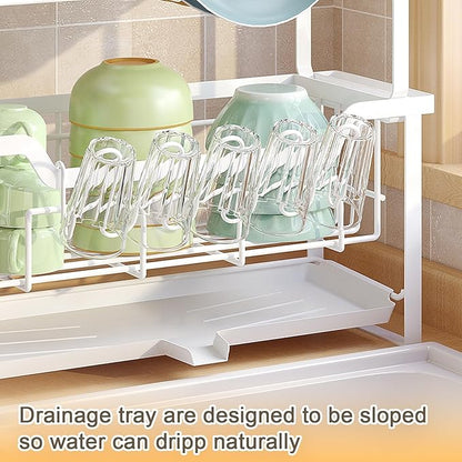 Dish Rack with Drainboard, Organizes Dishes and Bathroom Items for Narrow Spaces, Two-Story Drying Rack Fits 12 Plates 12 Bows 5 Glasses 4 Hooks and Some Cutlery, White