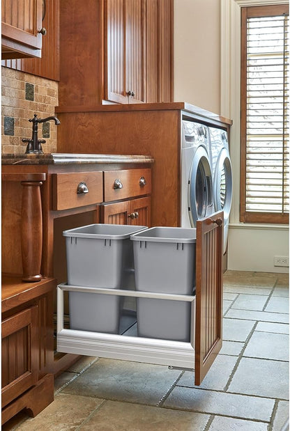 Rev-A-Shelf Double 35 Qt Pullout Trash Can with Soft Close for Base Kitchen Cabinets, Min Opening Width of 14.5", Silver, 5149-18DM-217