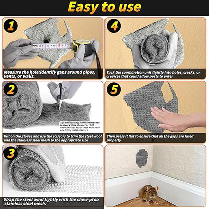 Steel Wool Mice Control, 6 Pack 3.2" x60 FT #00 Steel Wool & 1 Pack 5" x30 FT Wire Mesh, Fine Stainless Steel Wool Keep Mouse Away from Holes,Barrier and Gap Filler for Home Garden Kitchen Pipeline