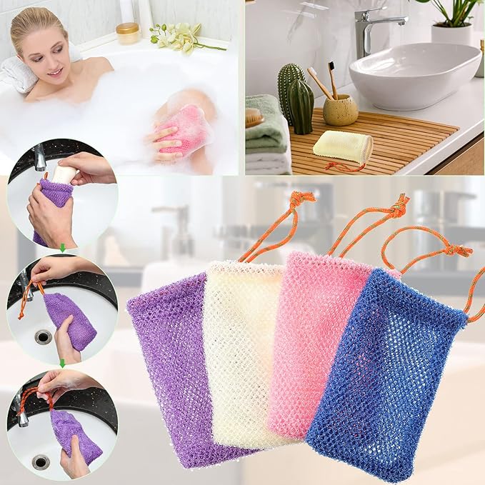 Shappy 8 Pcs Soap Saver Pouch Bar Soap Bags Exfoliating Soap Net Soap Mesh Bags for Shower Soap Holder Bubble Foam Net Soap Pocket for Women Men (Beige, Blue, Purple, Pink)
