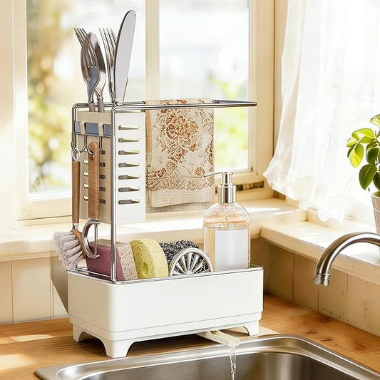 MOUKABAL Sponge Holder for Kitchen Sink, 2-Tier Sink Caddy Organizer with Drain Holes and Hooks, Holds Dishcloth, Sponge & Brushes, Kitchen Countertop Storage for New Home Essentials Off-white