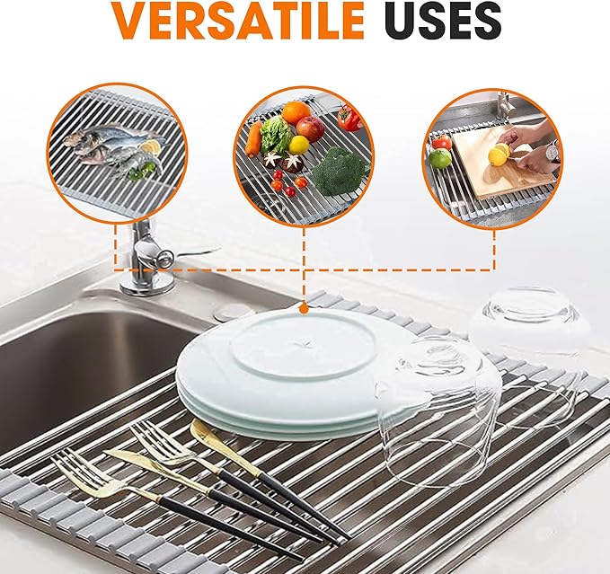 Cheer Collection Dish Drying Rack – Multipurpose Over The Sink Drying Rack Non-Slip Stainless Steel Rack – Heat Resistant and Dishwasher Safe