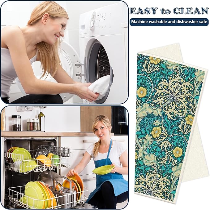 JarThenaAMCS 6 Pcs William Morris Swedish Kitchen Dishcloth Greenery Vines Flower Absorbent Cotton Kitchen Towels Reusable Dish Towels for Party Home Housewarming Cleaning Counter Wipes, 7 x 8 Inch