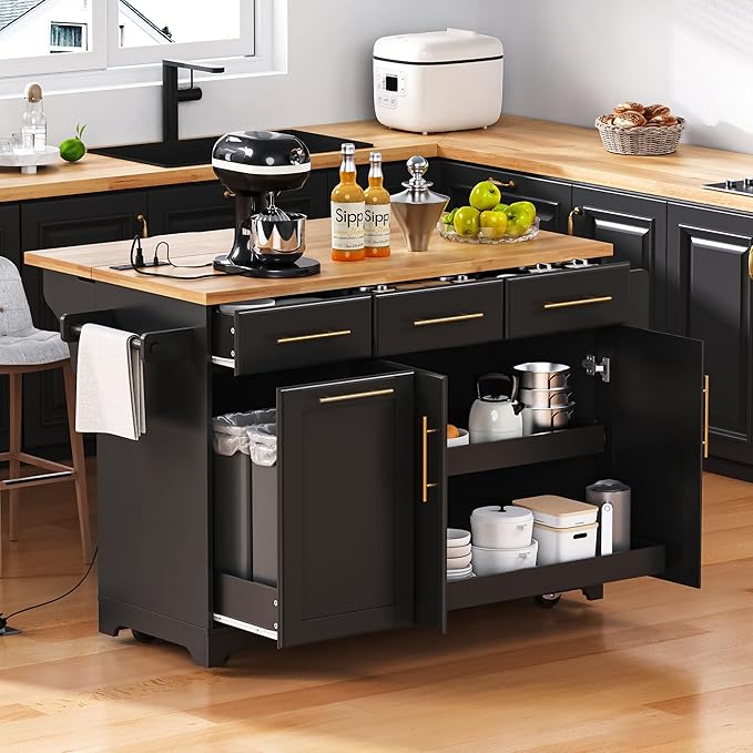 59.3" Kitchen Island with Drop Leaf and Pull Out Trash Can Storage Cabinet, Rolling Kitchen Island Table with Power Outlet, Spice & Towel Rack for Kitchen, Dining, Black