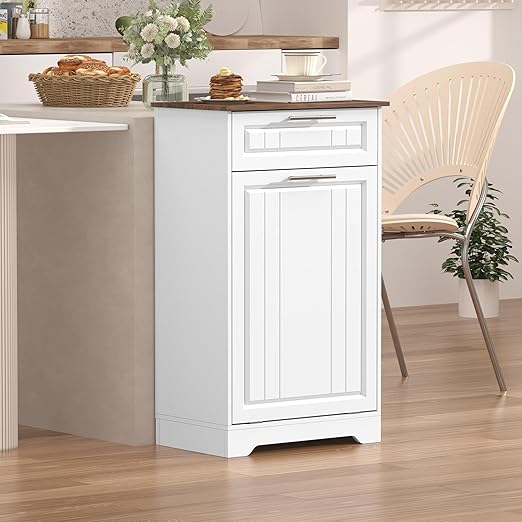 Single 10 Gallon Tilt Out Trash Can Cabinet with Deodorizing Function, Wooden Hidden Garbage Can Holder with Storage Drawers for Kitchen and Dining Room, Laundry Hamper Cabinet for Bathroom, White