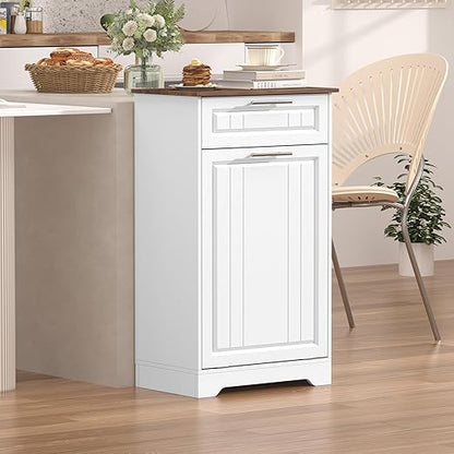 Single 10 Gallon Tilt Out Trash Can Cabinet with Deodorizing Function, Wooden Hidden Garbage Can Holder with Storage Drawers for Kitchen and Dining Room, Laundry Hamper Cabinet for Bathroom, White