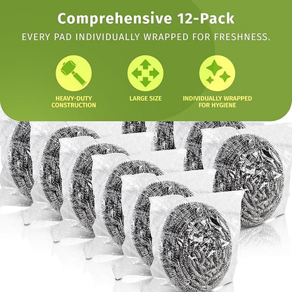 Stainless Steel Scouring Pads - 12 Pack - Steel Wool Scrubbers for Pots, Pans, Dishes & Grills