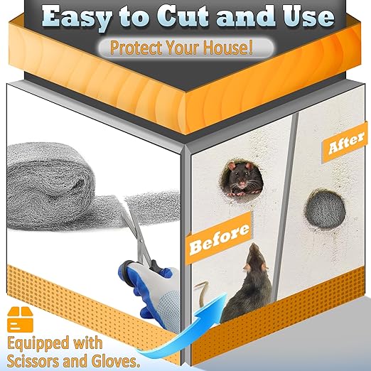 AJART Steels Wools Mice Control - #0000 Steel Wool Metal Fabric Mesh - As Gaps Fillers to Keep Mice Away - Protection for Siding, Pipelines, Garden Vents and Garages - 2Pcs