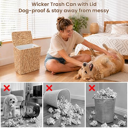 Wicker Trash Can,3 Gallon Bathroom Trash Can with Lid,Handwoven Water Hyacinth Rattan Waste Basket with Removable Liner and Built-in Handles for Bedroom,Toilet,Narrow Spaces