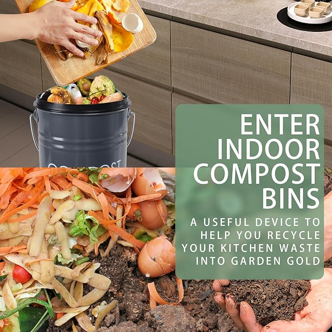 Vipush Compost Bin Kitchen Countertop Composter with lid – Small Compost ContainerI Includes Inner Compost Bucket Liner & Charcoal Filter, Grey