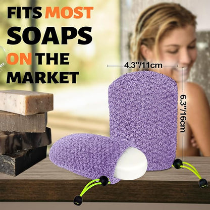 MIG4U Exfoliating Soap Bag for Shower 2 Pieces - Bar Soap Saver Pouch, Bamboo Body Scrubber Exfoliator Pocket in Travel Bathing, Purple