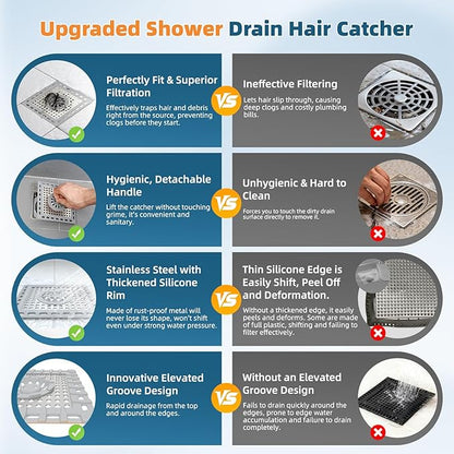 Hibbent Upgraded Shower Drain Hair Catcher for Bathroom Floor 4" Drain, Anti-Clogging Shower Drain Cover, Stainless Steel & Silicone Drain Strainer with Handle, Shower Drain Protector, Grey