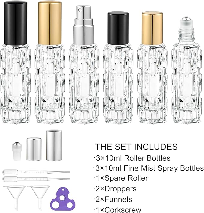 6 Pack Glass Bottles, 3×10ml Roller Bottles & 3×10ml Fine Mist Spray Bottles, Refillable Travel Containers for Essential Oils, Perfume, Liquids (Gold/Silver/Black Caps)