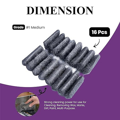 Steel Wool Grade # 2 - Medium Coarse Grade - 16 Pads Multi-use for Cleaning, Removing Wax, Marks, Dirt, Paint, Multi-Purpose (#2-16 Pads)