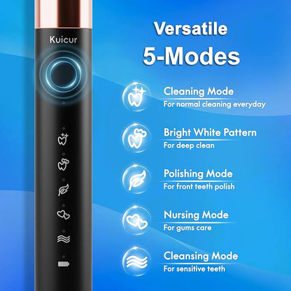 Kuicur Sonic Electric Toothbrush for Adults and Kids, Comes with 10 Brush Heads & Travel Case, 5 Modes with 2 Minutes Built in Smart Timer, One Charge for 90 Days, 42,000 VPM Motor (Black)