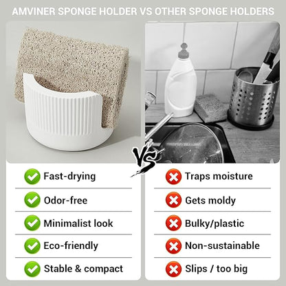 Diatomite Sponge Holder for Kitchen Sink Counter- Quick Drying, Fast Water Absorbent Stone Tray, 1 Slot Dish Sponge Rack, Kitchen Organizer, White
