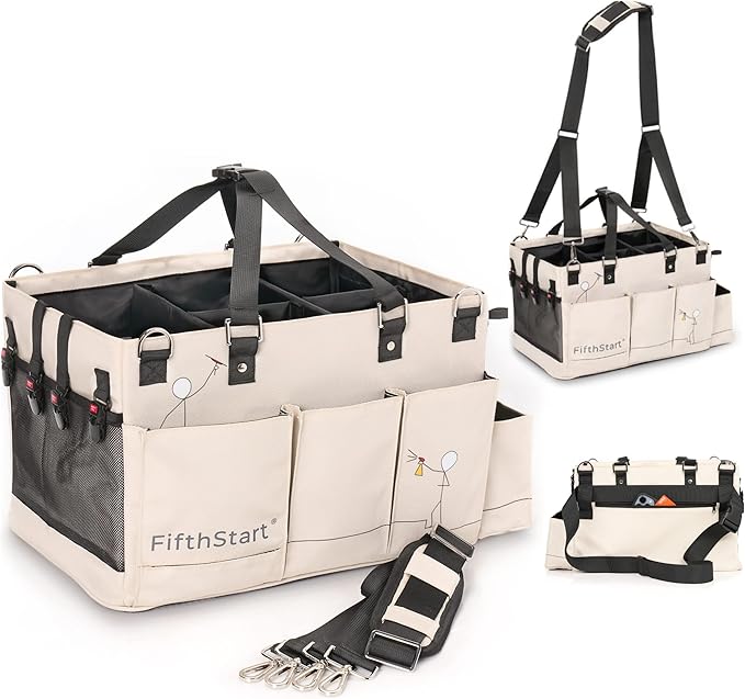 Multiuse Cleaning Caddy - Adjustable Straps & Caddy Organizer with Handle - Mesh Base & 9 Pockets Organizer Bag - 5 Dividers & Washable Fabric Cleaning Tote (beige, XL)