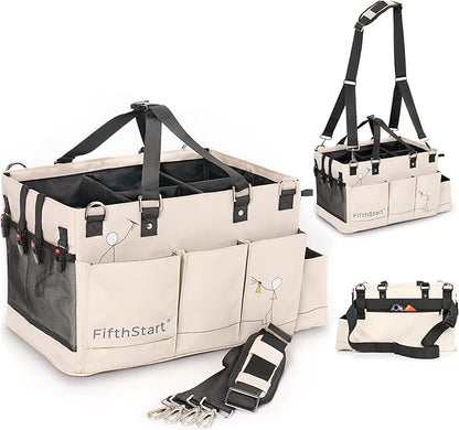 Multiuse Cleaning Caddy - Adjustable Straps & Caddy Organizer with Handle - Mesh Base & 9 Pockets Organizer Bag - 5 Dividers & Washable Fabric Cleaning Tote (beige, XL)