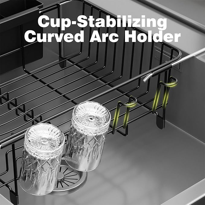Dish Drying Rack in Sink: Expandable, 3-Slot Utensil Holder, Anti-Slip Handle. Small Dish Rack: Ideal for Small Households. Kitchen Drying Rack: Black