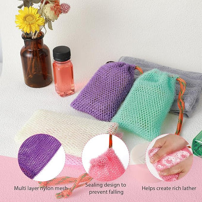 JJUNW 4 Pack Soap Savers, Exfoliating Mesh Soap Pouch, Foam Net Soap Saver Sack Drawstring Holder, Mesh Foaming Bubble Bags for Bath and Shower (Multicolor)