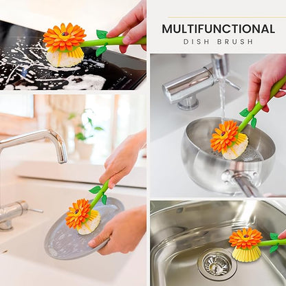 Vigar Flower Power Dish Brush with Handle and Vase Dish Brush Holder, Kitchen Scrub Brush for Pot Scrubber, Dishes, and Sink Cleaning, Orange, Green