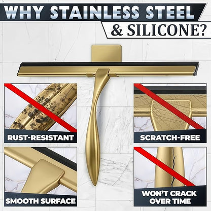 12 Inch Shower Door Squeegee - Gold Squeegee for Shower Glass with Stainless Steel Body, Silicone Blade, Adhesive & Hanging Hooks for Streak-Free Mirror, Tile, Window, Bathroom, Car, Everyday Home Use