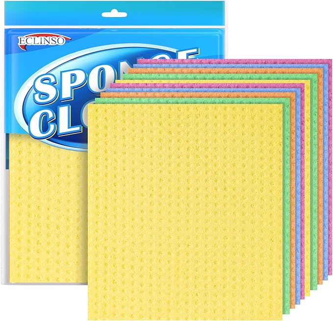 10 Pack Swedish Dishcloths, Natural Cellulose & Cotton Cleaning Cloths, Reusable, Washable & Super Absorbent for Kitchen and Bathroom