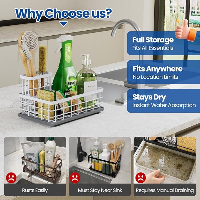 Extra Large Kitchen Sink Caddy Organizer, Stainless Steel Sponge Holder for Kitchen Sink with Brush Holder, Diatomite Stone Sink Tray for Soap Dispenser, Sponge, Kitchen Essentials and Gadgets, White