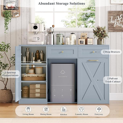 HOSTACK 12.5 Gallon Kitchen Trash Cabinet, 47" Double Trash Can Cabinet, Large Pull Out Can Storage Drawers, Wood Farmhouse Hidden Garbage Storage Buffet for Kitchen, Dining Room, Blue