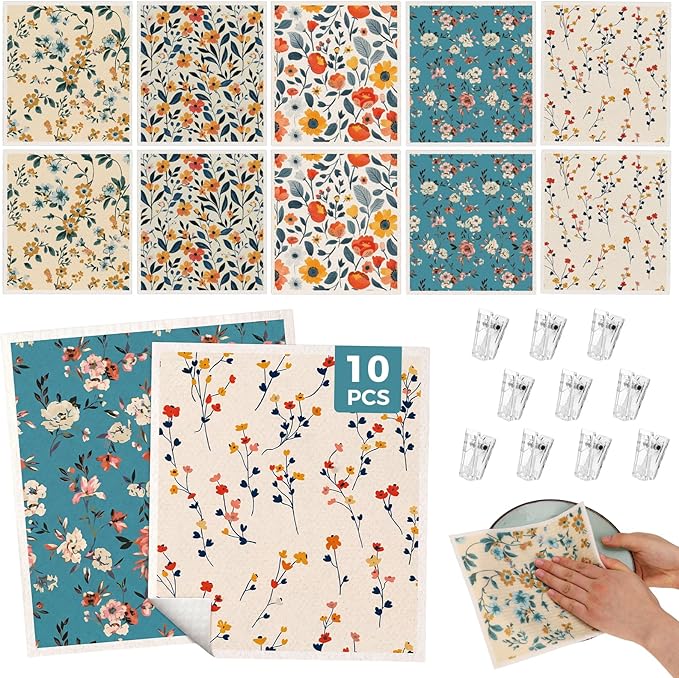 wlich Swedish Dishcloths, 10PCS Reusable Soft Kitchen Towels Dish Cloths Set with Clips, Non-Scratch Dish Rags for Washing Dishes, Washable Swedish Dish Cloths for Kitchen, No Odor(Plant)