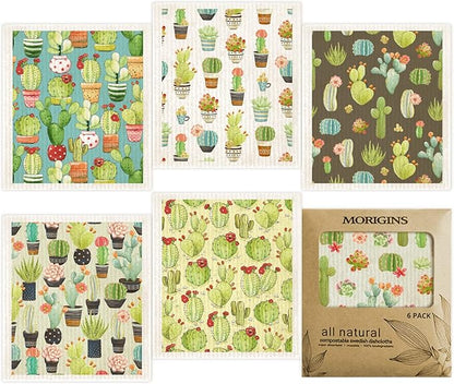 Cactus Swedish Dish Cloths 6 Pack Reusable Compostable Kitchen Cloth,Cellulose Sponge Dish Cloths Dish Towel Set