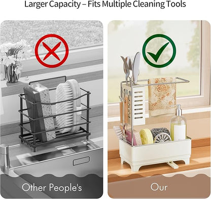MOUKABAL Sponge Holder for Kitchen Sink, 2-Tier Sink Caddy Organizer with Drain Holes and Hooks, Holds Dishcloth, Sponge & Brushes, Kitchen Countertop Storage for New Home Essentials Off-white