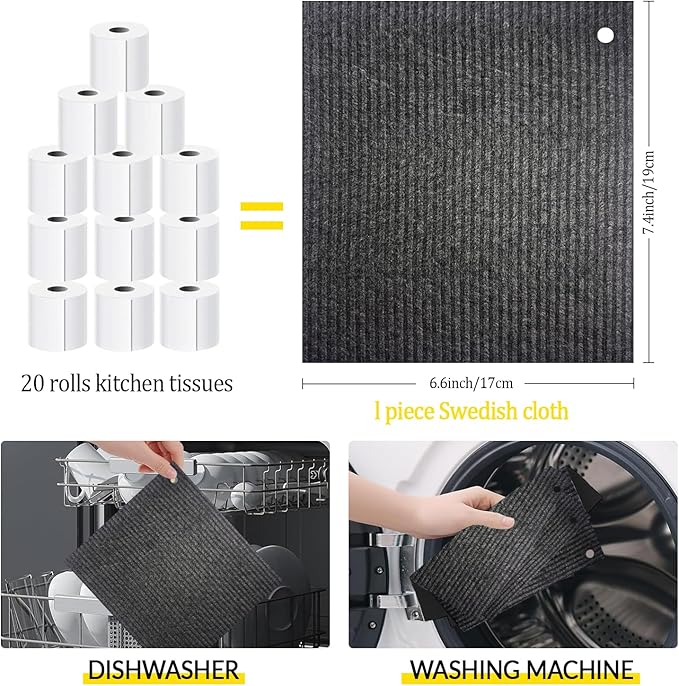 6 - Pack Swedish Kitchen Dish Cloths - Reusable Paper Towels for Counters & Dishes - Eco Friendly Cellulose Sponge Cloth - (Black)