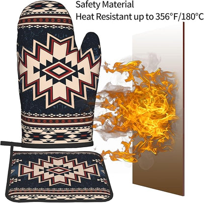 Oven Mitt and Pot Holders Sets - Boho Kitchen Mitts Decorative Tribal Oven Gloves Bohemian Hot Pads Set of 2 for Cooking BBQ Baking Grilling