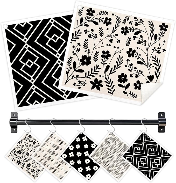 Swedish Dishcloths for Kitchen, 5 Pack Flower Line Reusable Paper Towels with 3 Hooks, Washable Dish Cloth Set, Absorbent Cleaning Cloth for Home Washing Dishes Housewarming Gifts for Friend