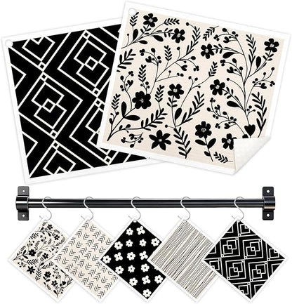Swedish Dishcloths for Kitchen, 5 Pack Flower Line Reusable Paper Towels with 3 Hooks, Washable Dish Cloth Set, Absorbent Cleaning Cloth for Home Washing Dishes Housewarming Gifts for Friend