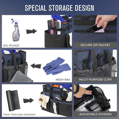SCAVATA Wearable Cleaning Caddy, Cleaning Caddy Supplies Organizer with Handle & Shoulder Straps for Housekeepers, Under Sink & Car Cleaning Tool Organizers Bag with 4 Foldable Divider (NavyBlue)