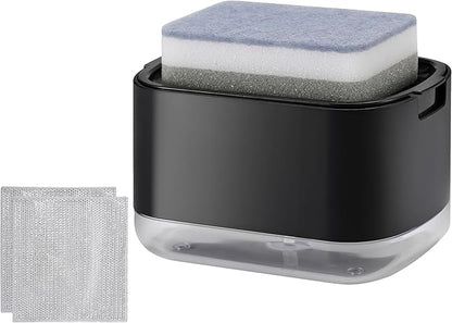 Kitchen Dish Soap Dispenser with Sponge Holder, 2-in-1 Countertop Soap Pump Dispenser, Soap Dispenser for Kitchen Sink with 2-Packs Wire Dishwashing Rag,Black