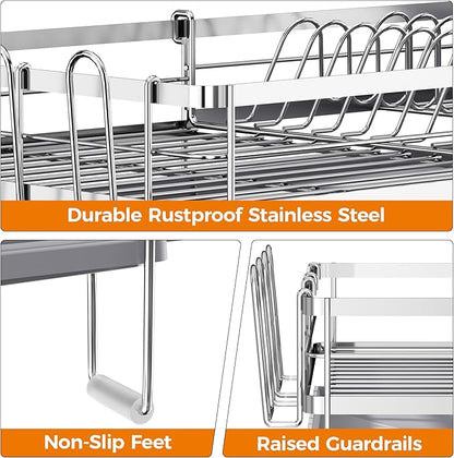 Delamu Stainless Steel Dish Drying Rack, Expandable Dish Drainer, Anti-Rust Large Dish Racks for Kitchen Counter, Dish Strainers with Drainboard, Utensil & Cup Holder, 13.4"-28.7" L x 11.8" W, Grey