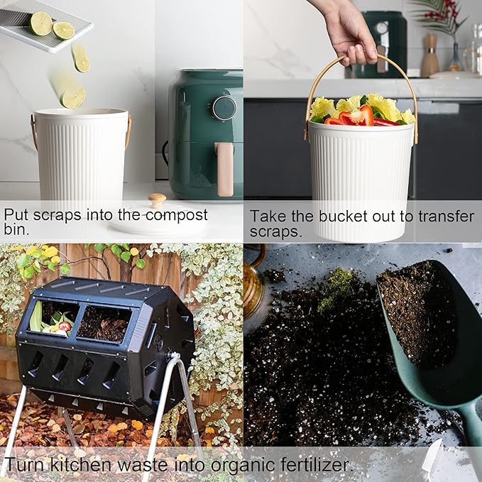 LALASTAR Countertop Compost Bin with Lid, Made of Sustainable Bamboo Fiber, Odorless Kitchen Compost Bucket, 1 Gallon, Cream