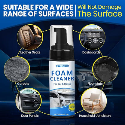 Car Interior Cleaner Kit – All-Purpose Foam Cleaner for Leather, Fabric, Vinyl, Plastic, Carpet & Upholstery | Deep Stain Remover | Includes Brush & Microfiber Towel – 5oz/150ml