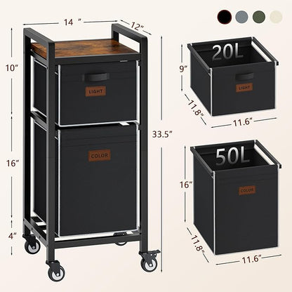FAVOOSTY Laundry Hamper with Wheels, 70L Laundry Basket Organizer, Laundry Hamper with Shelf, 2 Section Laundry Sorter for Laundry Room Organization, Bathroom Shelf Black