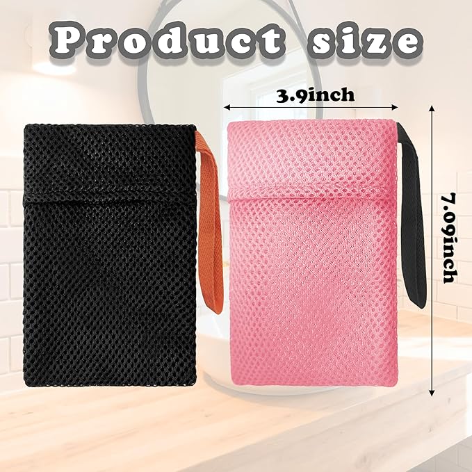 Bar Soap Bags Savers, Exfoliating Foaming Japanese Washcloth Pouch, Body Scrubbers for Shower, 2 Pack, Black+Pink (Gentle Roughness)
