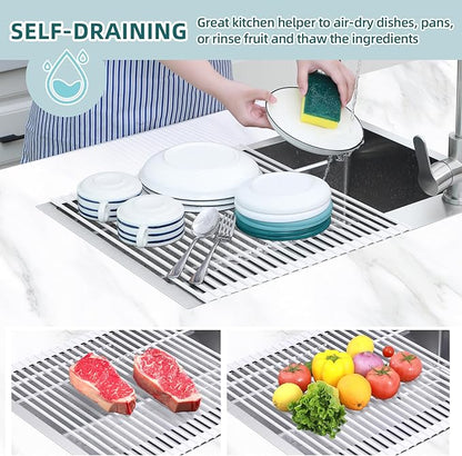 Ohuhu Over Sink Dish Drying Rack, 17.6" W x 15.4" L Roll Up Dish Racks Kitchen Sink Organizer Silicone Wrapped Large in Sink Dish Drying Rack Foldable Rolling Drain Mats Anti-Slip