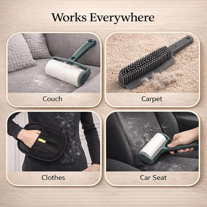 Pet Hair Remover Kit – 3 Piece Dog & Cat Hair Cleaning Set – Reusable Fur Removal Glove, Rubber Brush & Lint Roller – Removes Hair from Furniture, Couch, Carpet, Clothes & Car